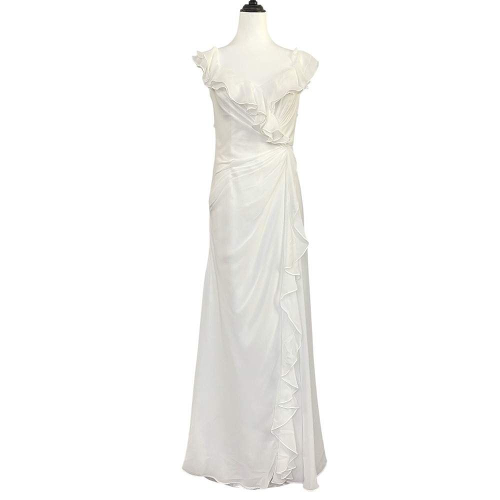 Elegant White Chiffon Wedding Dress Ruffle Formal Gown Evening Off Shoulder sz 6